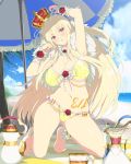  1girl arm_up armpits barefoot beach bikini blonde_hair blush breasts clouds crown front-tie_top highres kneeling large_breasts leo_(senran_kagura) long_hair mat navel open_mouth palm_tree senran_kagura_(series) senran_kagura_new_wave sky solo sparkle swimsuit tree violet_eyes wrist_cuffs yaegashi_nan yellow_bikini 