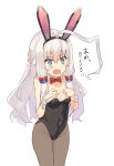  1girl @_@ ahoge animal_ears bare_shoulders blue_eyes bow bowtie breasts bunny_girl bunnysuit hair_between_eyes hands_on_own_chest highres huge_ahoge long_hair original pointy_ears rabbit_ears red_bow red_bowtie ruma_imaginary simple_background small_breasts solo text translation_request wavy_mouth white_background white_hair wrist_cuffs 