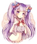  1girl :o animal_ears bangs bell blue_bow blunt_bangs blush bow bowtie bra braid breasts capelet cat_ears cleavage crescent crescent_hair_ornament frills hair_bow hair_ornament jingle_bell kemonomimi_mode long_hair navel patchouli_knowledge purple_bra purple_hair red_bow red_bowtie solo star star_hair_ornament striped touhou two_side_up ukita_uuko underwear upper_body very_long_hair violet_eyes 