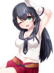  1girl armpits black_hair boruhis breasts character_request cleavage gloves green_eyes groin highres kantai_collection large_breasts long_hair midriff navel one_eye_closed open_mouth pleated_skirt red_skirt shirt simple_background skirt solo white_background white_gloves white_shirt 