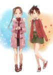  2girls :o alternate_costume autumn autumn_leaves ayanami_(kantai_collection) bow brown_eyes brown_hair buttons coat hair_bow hair_ribbon jacket kantai_collection long_sleeves looking_at_viewer looking_away matsutani multiple_girls open_mouth pleated_skirt ribbon shikinami_(kantai_collection) shoes short_hair side_ponytail skirt sneakers turtleneck winter winter_clothes winter_coat 