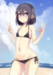  1girl beach bikini black_bikini black_hair breasts covered_nipples double_v groin lowleg lowleg_bikini micro_bikini onigensou original pointy_ears short_hair small_breasts smile standing swimsuit v 