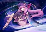  1girl ainy77 black_shoes cape chain commentary_request constellation constellation_print crescent crescent_hair_ornament dress frilled_hat frills hair_ornament hat hat_ribbon holding holding_hat long_hair looking_at_viewer open_mouth patchouli_knowledge purple_dress purple_hair purple_hat red_ribbon ribbon sash shoes sleeveless smile solo star touhou very_long_hair violet_eyes white_legwear witch_hat 
