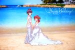  1boy 1girl alain_(pokemon) ara_(sora-ageha) beach brown_eyes couple dress flower hair_flower hair_ornament hetero holding_hands long_hair manon_(pokemon) ocean photo_background pokemon pokemon_(anime) pokemon_(game) pokemon_xy purple_hair redhead short_hair tree violet_eyes wedding wedding_dress white_dress 