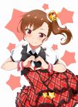  1girl black_bow bow bowtie brown_eyes brown_hair crown dress fuku_d futami_mami heart heart_hands idolmaster long_hair looking_at_viewer mini_crown prologue_rouge side_ponytail smile solo star 