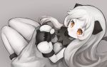  1girl commentary_request enemy_aircraft_(kantai_collection) eyebrows from_above grey_background hachachi highres horns kantai_collection knees_together long_hair looking_at_viewer mittens northern_ocean_hime pale_skin shinkaisei-kan simple_background solo thick_eyebrows white_hair yellow_eyes 