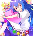  1girl 2016 blue_hair blue_skirt dated heart highres hinanawi_tenshi long_hair looking_at_viewer no_hat no_headwear puffy_short_sleeves puffy_sleeves red_eyes shio_(shiojojo1) shirt short_sleeves skirt smile solo star touhou white_shirt 