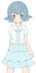  1girl arm_behind_back blue_eyes blue_hair blush flying_sweatdrops nekono_rin pokemon pokemon_(game) pokemon_sm shirt short_hair skirt smile solo suiren_(pokemon) 