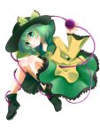  1girl absurdres arm_behind_head black_hat black_shoes bow floating frilled_shirt_collar frilled_skirt frilled_sleeves frills full_body green_eyes green_hair green_skirt hair_between_eyes hat hat_bow head_tilt highres iwaserie komeiji_koishi long_sleeves looking_at_viewer shirt shoes short_eyebrows simple_background skirt smile solo third_eye touhou white_background wide_sleeves yellow_bow yellow_shirt 