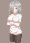  1girl alternate_costume black_legwear blue_eyes breasts crossed_arms hair_ornament hair_over_one_eye hairclip hamakaze_(kantai_collection) highres kantai_collection large_breasts pantyhose ribbed_sweater short_hair silver_hair simple_background solo sweater takamiya_nao 
