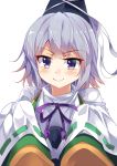  &gt;:) 1girl blue_eyes blush closed_mouth e.o. hat highres japanese_clothes kariginu long_hair long_sleeves looking_at_viewer mononobe_no_futo neck_ribbon pom_pom_(clothes) purple_ribbon ribbon ribbon-trimmed_sleeves ribbon_trim silver_hair sleeves_past_wrists solo tate_eboshi touhou upper_body white_background wide_sleeves 