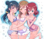  3girls :d ;) alternate_hairstyle aqua_eyes ass bangs bikini bikini_skirt blue_hair braid brown_eyes brown_hair commentary_request double_bun front-tie_bikini front-tie_top hair_bobbles hair_ornament halterneck hands_on_another&#039;s_shoulders hug k10k kunikida_hanamaru kurosawa_ruby long_hair looking_at_viewer love_live! love_live!_sunshine!! midriff multiple_girls navel one-piece_swimsuit one_eye_closed open_mouth polka_dot polka_dot_swimsuit redhead scrunchie side-tie_bikini side_bun single_braid smile striped striped_swimsuit swimsuit tsushima_yoshiko twintails v_over_eye violet_eyes 