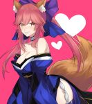  1girl animal_ears bare_shoulders black_legwear blush bow breasts choker citron_82 cleavage detached_sleeves fate/extra fate_(series) fox_ears fox_tail hair_bow heart heart-shaped_pupils japanese_clothes large_breasts leaning_forward looking_at_viewer obi pink_background pink_hair ponytail sash side_slit simple_background smile solo symbol-shaped_pupils tail tamamo_(fate)_(all) tamamo_no_mae_(fate) thigh-highs wide_sleeves yellow_eyes 