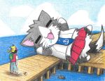  1boy agano_(kantai_collection) anchor_symbol animal_ears animalization blue_necktie cat_ears cat_tail colored_pencil_(medium) commentary_request dainamitee drooling kantai_collection kuchiku_i-kyuu male_protagonist_(pokemon_go) necktie open_mouth pier pikachu poke_ball pokemon pokemon_(creature) red_skirt school_uniform shinkaisei-kan size_difference skirt sleeping snorlax tail traditional_media 