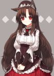  1girl adapted_costume animal_ears arm_warmers bangs breasts brooch brown_hair corset cowboy_shot detached_collar frilled_shirt frills hair_over_shoulder hands_together highres imaizumi_kagerou jewelry large_breasts long_hair long_sleeves looking_at_viewer parted_bangs red_eyes red_skirt sh_(562835932) shirt sidelocks skirt solo touhou v_arms very_long_hair victorian white_shirt wolf_ears 