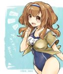 1girl breasts covered_navel hairband i-26_(kantai_collection) kantai_collection large_breasts light_brown_eyes light_brown_hair long_hair looking_at_viewer meso_(goma-meso) new_school_swimsuit open_mouth sailor_collar school_swimsuit short_sleeves signature smile solo swimsuit swimsuit_under_clothes teeth two-tone_hairband two_side_up 