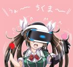  1girl black_gloves bouncing_breasts bow bowtie breasts brown_hair confused dual_wielding elbow_gloves flying_sweatdrops game_console gloves glowing hair_ribbon holding kantai_collection long_hair motion_blur motion_lines playstation playstation_vr red_background red_bow red_bowtie ribbon short_sleeves simple_background single_glove solo sweat sweating_profusely tk8d32 tone_(kantai_collection) translation_request twintails upper_body virtual_reality vr_visor wavy_mouth white_ribbon 