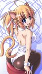  animal_ears arched_back ass back blonde_hair blue_eyes breasts cat_ears cat_tail catsuit curvy kittysuit long_hair looking_back original pantyhose pudding_(tongpoo) ribbon sitting smile stool tail tongpoo tonpuu twintails 