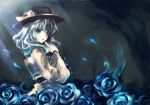  blue_rose bow finger_to_mouth flower fori hat komeiji_koishi looking_back rose silver_hair solo sunlight touhou 