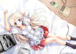  black_legwear black_socks blonde_hair blue_eyes cable cd katahira_masashi knees_together_feet_apart long_hair lying on_back silver_hair skirt smile socks soundgirl speaker 