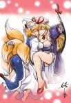  azuki_osamitsu blonde_hair blush breasts fox_tail gloves hat multiple_girls ribbon short_hair shouzu_choukou tail touhou yakumo_ran yakumo_yukari yuri 