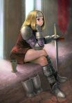  blonde_hair blue_eyes boots crossed_legs cup dress final_fantasy final_fantasy_tactics gauntlets headband long_hair roten sitting solo squire_(fft) sword weapon 