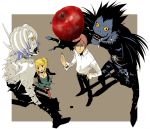  apple bad_id belt blazer blonde_hair brown_hair coco-nattou coco_(nattou) death_note dress dress_shirt fishnet_legwear fishnet_stockings fishnets food fruit looking_up rem ryuk saliva shinigami shirt skull thigh-highs thighhighs torn_clothes yagami_light 