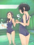  akimbo_(artist) akinbo_(hyouka_fuyou) arched_back ass black_eyes black_hair brown_hair long_hair multiple_girls one-piece one-piece_swimsuit pool school_swimsuit short_hair swimsuit water wet 