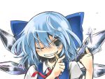  bad_id blue_hair bow cirno grin hair_bow hands nanatsu popsicle smile solo touhou wink 