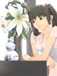  akinbo_(hyouka_fuyou) black_eyes black_hair breasts cleavage flower hair_ornament ribbon short_twintails twintails 