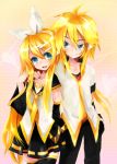  alternate_hairstyle aqua_eyes hair_ornament hair_ribbon hairclip kagamine_len kagamine_rin long_hair mosho necktie ribbon siblings smile twins vocaloid 