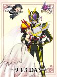  black_hair chibi dress kamen_rider kamen_rider_555 kamen_rider_faiz kamen_rider_kaixa kamen_rider_psyga wedding_dress yellow_eyes 