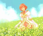  estellise_sidos_heurassein field flower flower_field gloves m_(pixiv9151) pink_hair short_hair sky smile tales_of_(series) tales_of_vesperia 