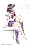  2002 barefoot bishoujo_senshi_sailor_moon black_eyes black_hair bob_cut boots choker feet high_heels hino_ryutaro looking_up magical_girl one_shoe pleated_skirt profile purple_eyes sailor_saturn shoes short_hair single_shoe sitting skirt solo tomoe_hotaru undressing violet_eyes 