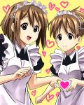  alternate_costume apron bad_id brown_eyes brown_hair enmaided hair_ornament hairpin heart heart_hands heart_hands_duo highres hirasawa_ui hirasawa_yui k-on! maid manekko_buta moe_moe_kyun! multiple_girls short_hair siblings sisters smile 