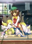  animal_ears bad_id barefoot blonde_hair brown_hair cat_ears cat_tail chen earrings fang fox_tail hat hidebo jewelry massage multi_tail multiple_girls multiple_tails short_hair sleeping tail touhou translated yakumo_ran 