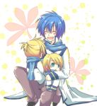  blonde_hair blue_hair bow child chirota closed_eyes green_eyes hair_bow kagamine_len kagamine_rin kaito scarf short_hair smile vocaloid young 