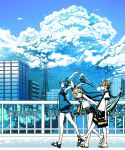  blue_hair bubblegum cloud clouds hatsune_miku highres kagamine_len kagamine_rin kawazu legs sandals sky umbrella vocaloid 