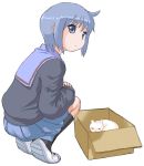  blue_hair box cardigan cat mycomputer nagato_yuki school_uniform shoes short_hair squat squatting suzumiya_haruhi_no_yuuutsu uwabaki 
