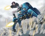 casing_ejection firing ghost_in_the_shell ghost_in_the_shell_stand_alone_complex gloves gun highres itou_(onsoku_tassha) jacket kusanagi_motoko mecha purple_hair red_eyes rifle shell_casing shell_casings short_hair sparkle tachikoma weapon 