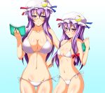  adult age_comparison bad_id bespectacled bikini book breasts dual_persona flat_chest glasses hat large_breasts multiple_girls patchouli_knowledge pizaya purple_eyes purple_hair s_tanly side-tie_bikini swimsuit time_paradox touhou violet_eyes 