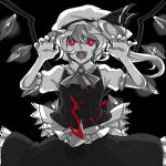  fangs flandre_scarlet hat monochrome nakatani ponytail red_eyes short_hair side_ponytail spot_color touhou wings you_gonna_get_raped 