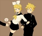  blue_eyes hair_ornament hair_ribbon hairclip heart hitsujiya hitujiya kagamine_len kagamine_rin ribbon school_uniform short_hair siblings simple_background sweat thighhighs twins vocaloid 