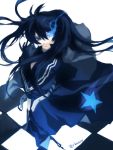  black_hair black_rock_shooter black_rock_shooter_(character) blue_eyes cape glowing glowing_eyes llcss long_hair solo twintails 