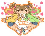  amami_haruka brown_hair casual clone futami_ami futami_mami idolmaster siblings side_ponytail twins wink yashiroku 