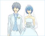  blue_hair bouquet bride dress flower formal lowres lrk male nagisa_kaworu neon_genesis_evangelion red_eyes silver_hair smile suit wedding_dress 