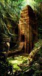 child elephant hat highres jungle nature original outstretched_arms overgrown pagoda roots ruins scenery spread_arms statue sunlight umedama_riko water 