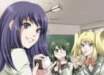  arrow arrow_in_head bad_id blonde_hair blue_eyes blue_hair blush classroom coco-nattou coco_(nattou) coffee eating eyepatch food food_on_face fork green_eyes green_hair grin hair_bobbles hair_ornament holding holding_fork hoshino_yachiho itoi_kaede lips lipstick multiple_girls narahara_kei noberuge onigiri pinky_out rice rice_on_cheek rice_on_face school_uniform smile twintails 