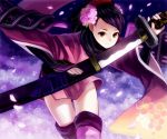  black_hair brown_eyes comb flower hair_flower hair_ornament japanese_clothes katana kurokote leaning_forward momohime oboro_muramasa oboro_muramasa_youtouden petals ponytail sheath short_hair siro smile sode solo sword thigh-highs thighhighs unsheathing vanillaware weapon wide_sleeves 