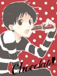  black_hair chocolate ikari_shinji neon_genesis_evangelion red_eyes striped striped_shirt 